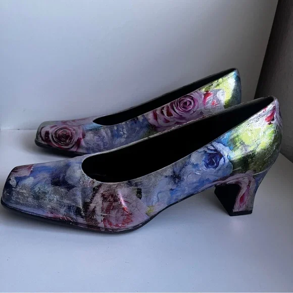Unique custom foil pastel floral leather block heels size 8.5